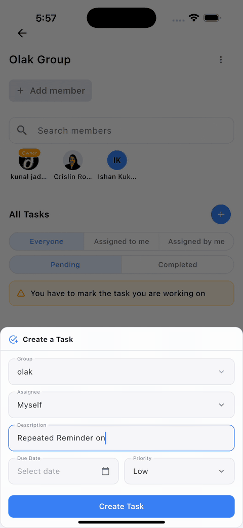 Creating a task inside a group with assignee, due date, and priority.