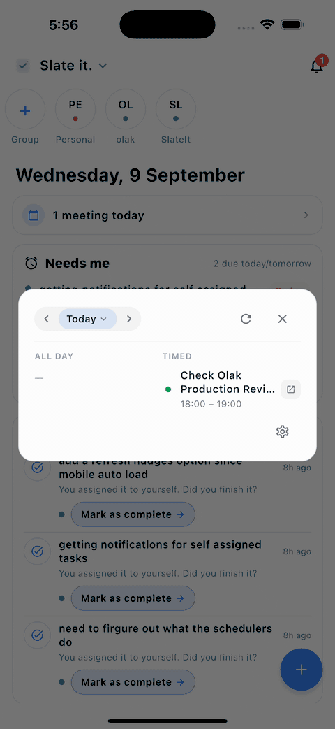 Day view showing a timed meeting with its group.