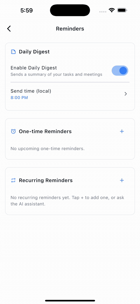 Reminders screen with daily digest, one-time, and recurring reminders.