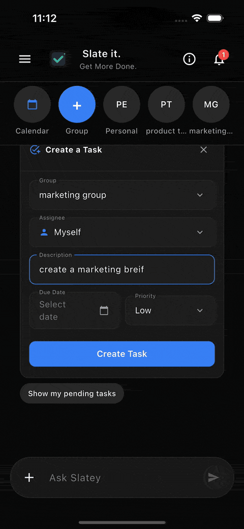 Confirmation card showing a task was created, with a follow-up action.