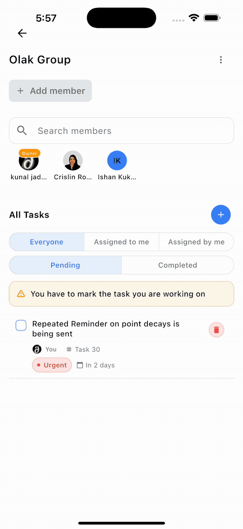 Task detail with action chips and a “working on it” confirmation.